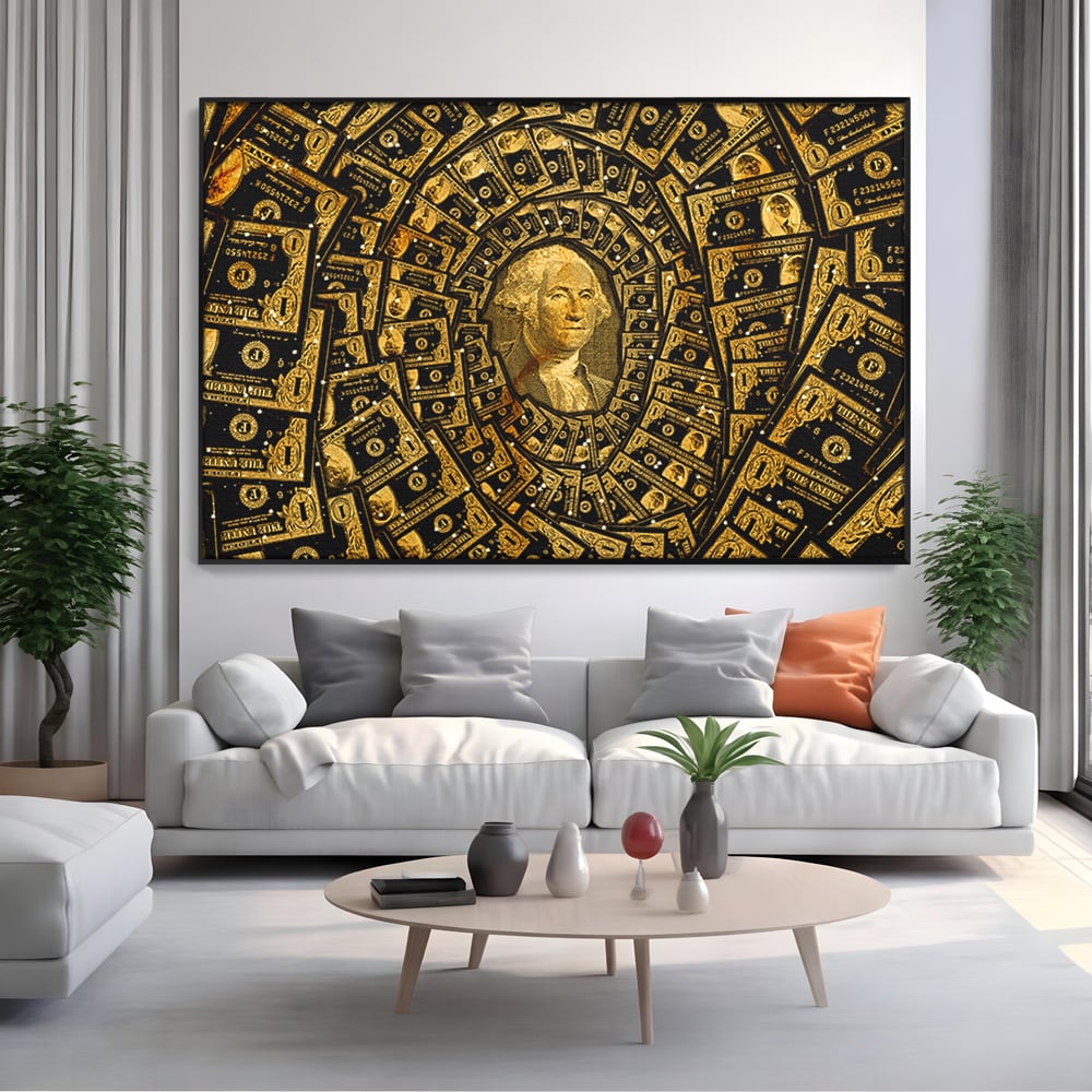 Tablou canvas cu tablou canvas cu portretul lui george washington si dolari, in rama de aluminiu negru, pe perete intr-un living